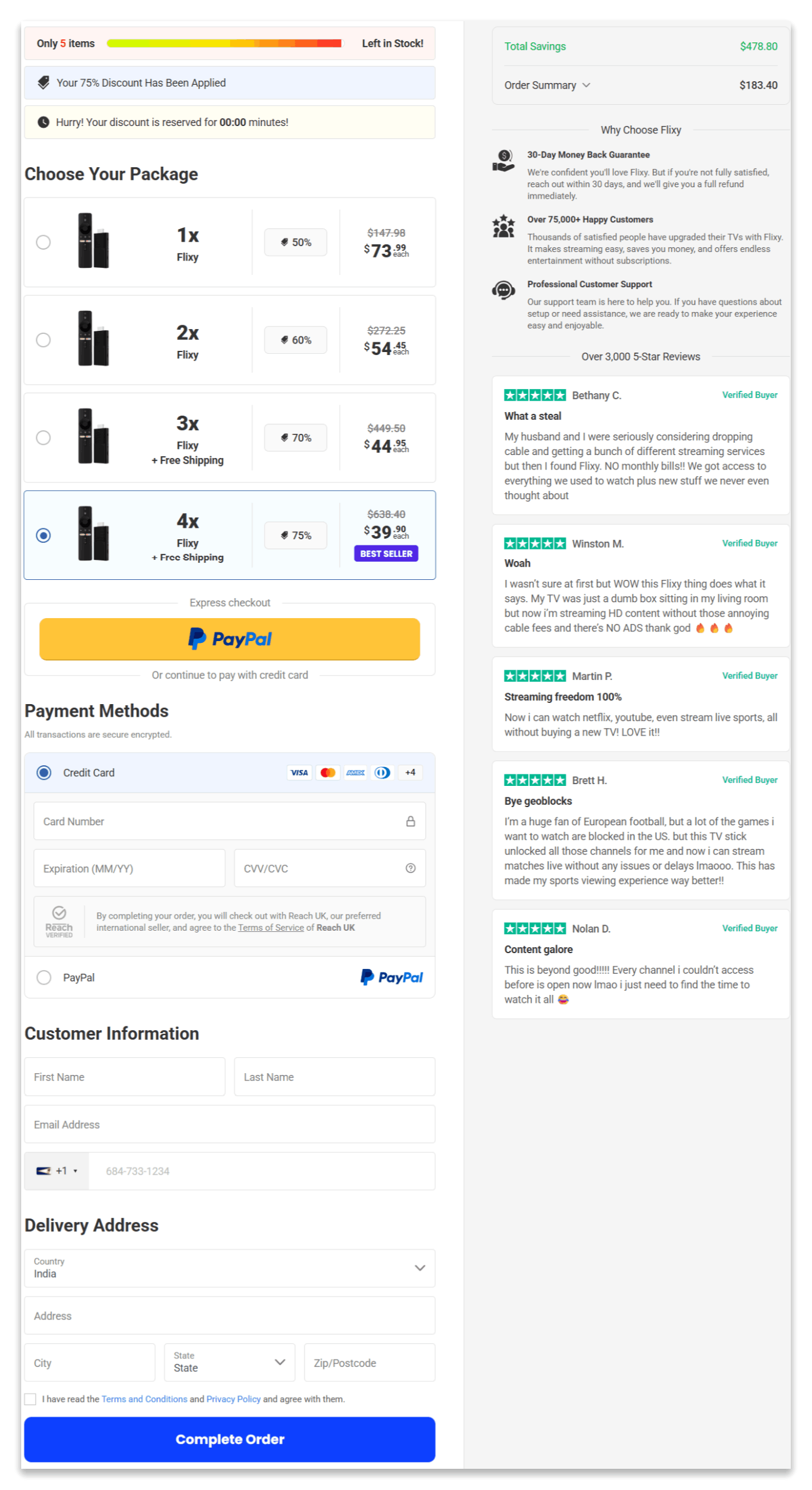 Flixy TV Stick secure checkout page